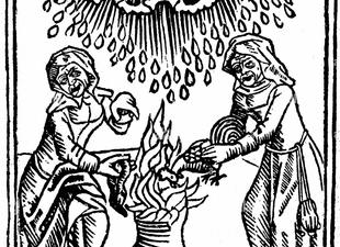 Grabado de brujas conjurando un chaparrón de lluvia. En Ulrich Molitor, De Lamiis et Pythonicis Mulieribus (Sobre mujeres hechiceras y adivinas) (1489).