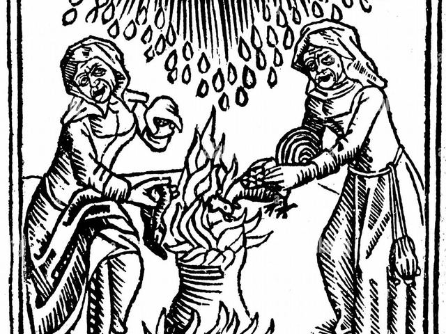 Grabado de brujas conjurando un chaparrón de lluvia. En Ulrich Molitor, De Lamiis et Pythonicis Mulieribus (Sobre mujeres hechiceras y adivinas) (1489).